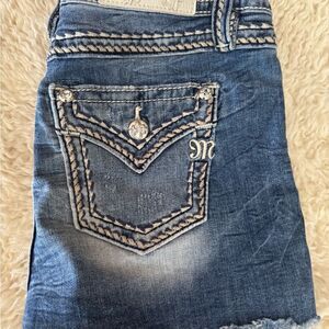 Miss Me Blue Jean Shorts with Decorative Stitching and Embellishments